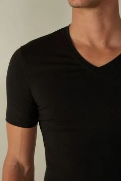 Best Pirce 👍 Intimissimi Men V-neck T-shirt In Stretch Supima® Cotton Black ✨