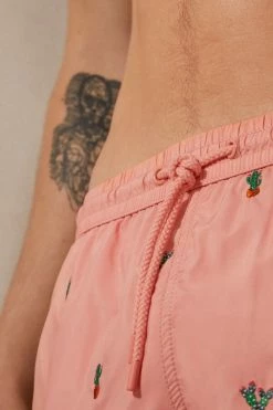 Budget 🧨 Intimissimi Men Embroidered Cactus Swim Trunks Pink With Cactus 💯