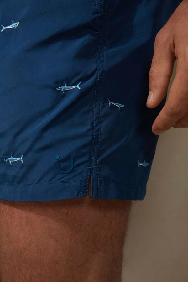 Best Pirce ๐ Intimissimi Men Embroidered Shark Swim Trunks Blue Shark Print ๐