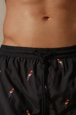 Deals 🔔 Intimissimi Men Embroidered Parrot Swim Trunks Black Parrot Print ✔️