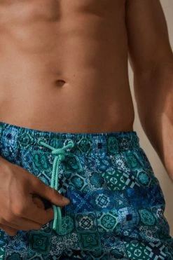 Promo 👍 Intimissimi Men Green Majolica Print Swim Trunks Green Tile Check Print 😉