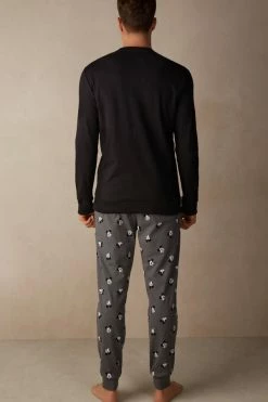 Budget โ๏ธ Intimissimi Men ยฉDisney Mickey Face Full Length Pajamas In Cotton Interlock Black โค๏ธ