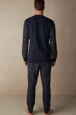 Hot Sale 🎁 Intimissimi Men Avio Blue Check Full Length Pajamas In Cotton Aviation Blue Check Print 😍