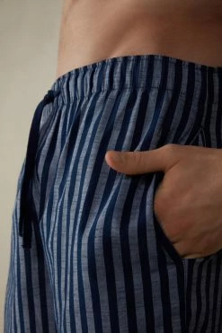 Best Sale 🧨 Intimissimi Men Shorts In Striped Plain Weave Cotton Blue/denim Blue Stripe ⌛