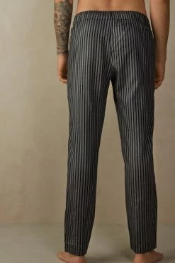 Budget 🌟 Intimissimi Men Long Gray Herringbone Linen Trousers In Canvas Grey Herringbone Stripe 🥰