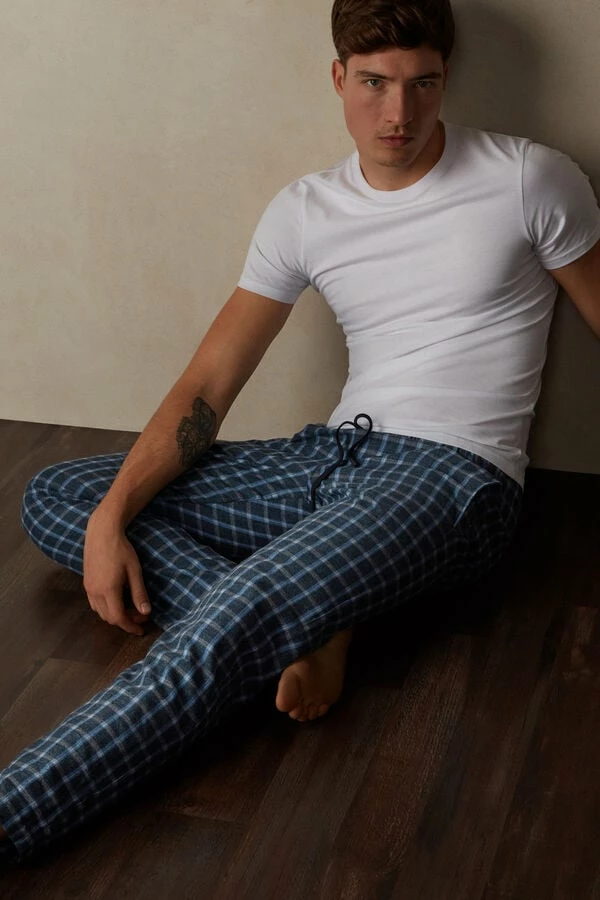 Outlet β Intimissimi Men Full Length Pants In Check Patterned Brushed Cloth Blue Check π - Image 4