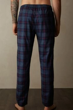 Flash Sale 🔥 Intimissimi Men Full Length Pants In Denim And Red Check Patterned Brushed Cloth Denim Blue Heather/red Check Print ⌛