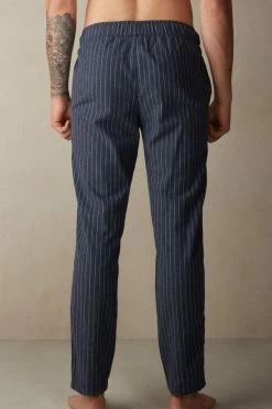 Best Pirce 🌟 Intimissimi Men Full Length Pants In Denim Pinstripe Patterned Brushed Cloth Denim Blue Heather Pinstripe ⭐