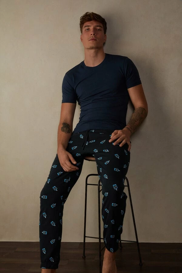 Cheap ๐ Intimissimi Men Full Length Gin Print Pants In Cotton Midnight Blue Gin Print ๐ - Image 4