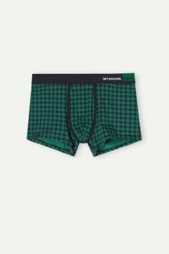 Hot Sale 🤩 Intimissimi Men Gingham Boxers In Stretch Supima® Cotton Midnight Blue/green Gingham Print 😍