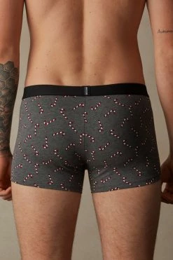 Discount 🎉 Intimissimi Men 🍬 Candy Cane Boxers In Stretch Supima® Cotton Graphite Grey Heather 🍬 Candy Cane Print 💯