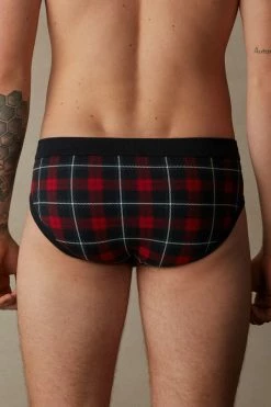 Discount 🔥 Intimissimi Men Red Tartan Briefs In Stretch Supima® Cotton Red Tartan Print 💯