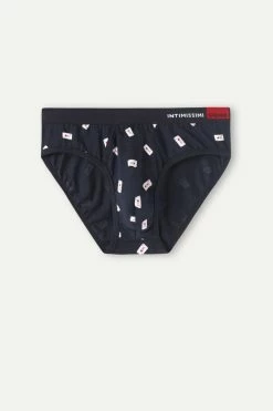 Best Sale ✨ Intimissimi Men King Of Hearts Briefs In Stretch Supima® Cotton Midnight Blue King Of Hearts Print ⭐